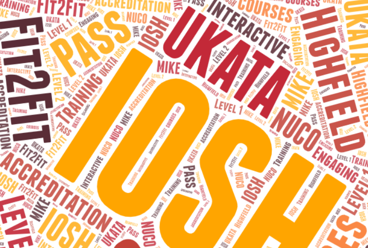 word cloud illustrating accredited courses provided by MMCT such as IOSH, Highfield and Fit2Fit